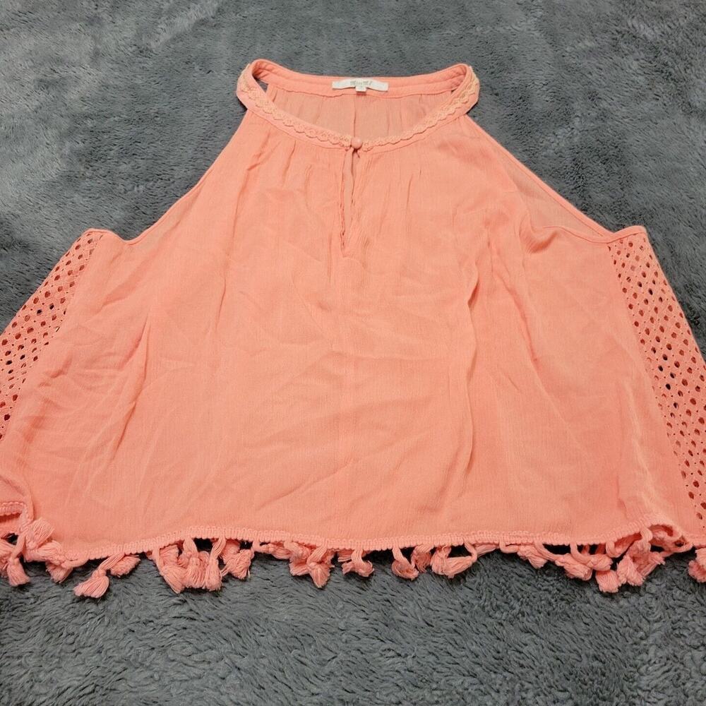 Miss Me Shirt Women Medium Coral Tank Top Eyelet Tassle Boho Comfort Festival Te